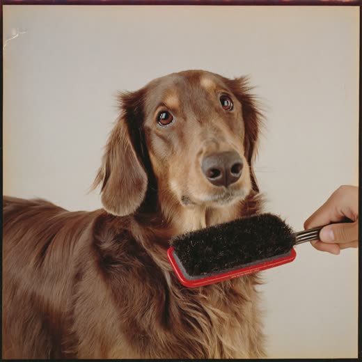 A brush drawn through a long-haired dog's coat